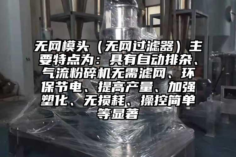 無(wú)網(wǎng)模頭（無(wú)網(wǎng)過(guò)濾器）主要特點(diǎn)為：具有自動(dòng)排雜、氣流粉碎機無(wú)需濾網(wǎng)、環(huán)保節電、提高產(chǎn)量、加強塑化、無(wú)損耗、操控簡(jiǎn)單等顯著(zhù)